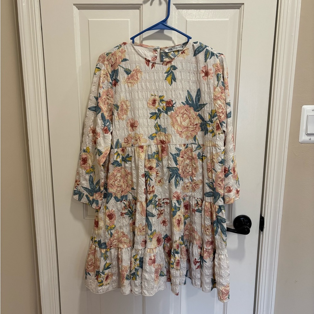 Zara Cream Tiered Dress with Pink Floral & Teal Leaves